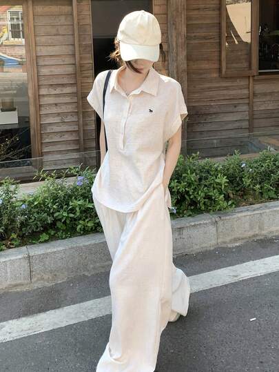 DAZY 2件套女士简约复古硬币刺绣Polo领宽松亚麻上衣套装家居服短套装