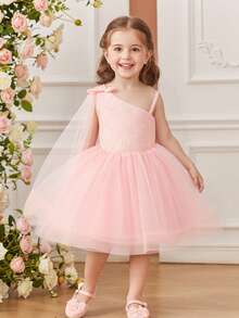 Glamorique Kids 花童生日派对婚礼节日礼服，女婴公主蕾丝缎面薄纱蓬蓬裙，薄纱缎带不对称蝴蝶结设计，适合正式场合、舞台表演、钢琴演奏、派对、拍照、夏季，欧美风格 - 粉色 - 查看 10