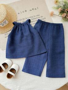 SHEIN LMoss Kids 2件套女婴梭织纯色无袖休闲上衣和打底裤套装 - 藍色 - 查看 2