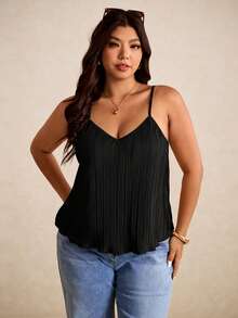 Elaquor 大码女式纯色褶皱休闲宽松吊带背心 - 黑色 - 查看 2