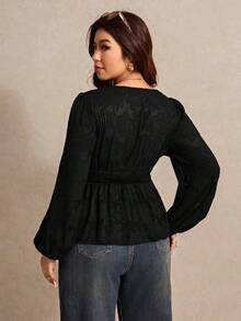 Elaquor Camisa de manga larga con cuello en V minimalista de unicolor, para uso casual diario, talla grande - Negro - Ver 2