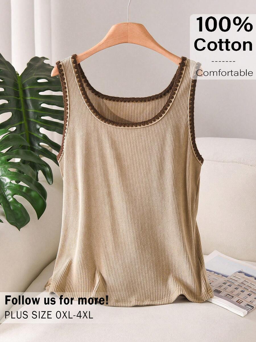 CosyJoli 大码女式水洗雪花吊带背心休闲街头风上衣，大码女式撞色滚边吊带背心/吊带衫 - 駝色 - 查看 1