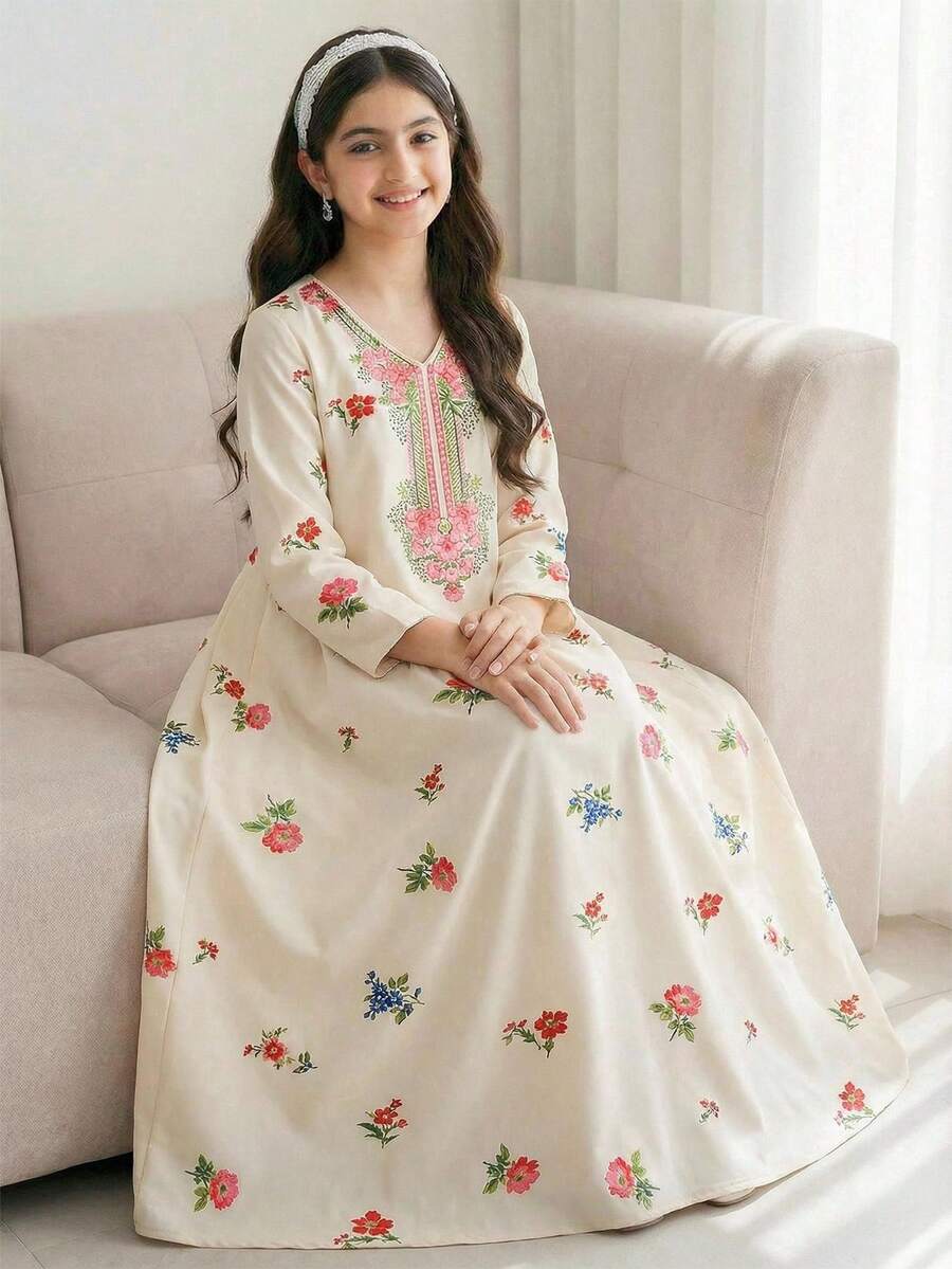 Teen Girl Floral Print V-Neck Long Sleeve Dress, Suitable For Vacation/Travel, Spring/Summer - Multicolor - View 1