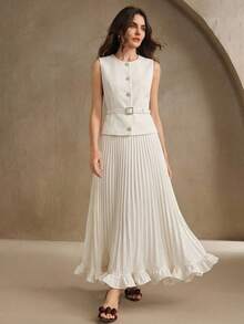 Anewsta Vestido de mujer de primavera con un solo botón de perla, sin mangas, con cintura fruncida y plisada - Albaricoque - Ver 7