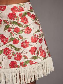 NYA SZN Gonna Stella a vita alta, a-line, con frange, motivo floreale, aderente, rossa e beige, adatta per occasioni festive, tropicali, floreali, di Pasqua, per climi caldi, feste, occasioni speciali, uscite, matrimoni, festa di nascità, compleanni, festival, appuntamenti, casual, elegante, primavera, estate, vacanze, viaggi, eventi di lusso, festa, lunghezza mini, per donne - Multicolore - Visualizzare 4
