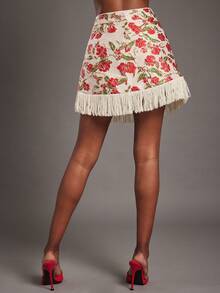 NYA SZN Gonna Stella a vita alta, a-line, con frange, motivo floreale, aderente, rossa e beige, adatta per occasioni festive, tropicali, floreali, di Pasqua, per climi caldi, feste, occasioni speciali, uscite, matrimoni, festa di nascità, compleanni, festival, appuntamenti, casual, elegante, primavera, estate, vacanze, viaggi, eventi di lusso, festa, lunghezza mini, per donne - Multicolore - Visualizzare 6