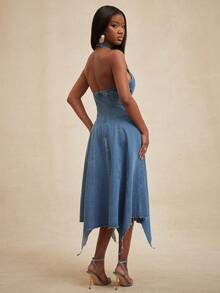 NYA SZN 女士露背收腰牛仔连衣裙，优雅适合约会和外出 - 中等水洗藍 - 查看 2