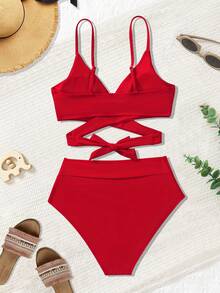 Bikini minimalista de unicolor 2026, ropa de baño de playa de vacaciones de verano - Rojo - Ver 2