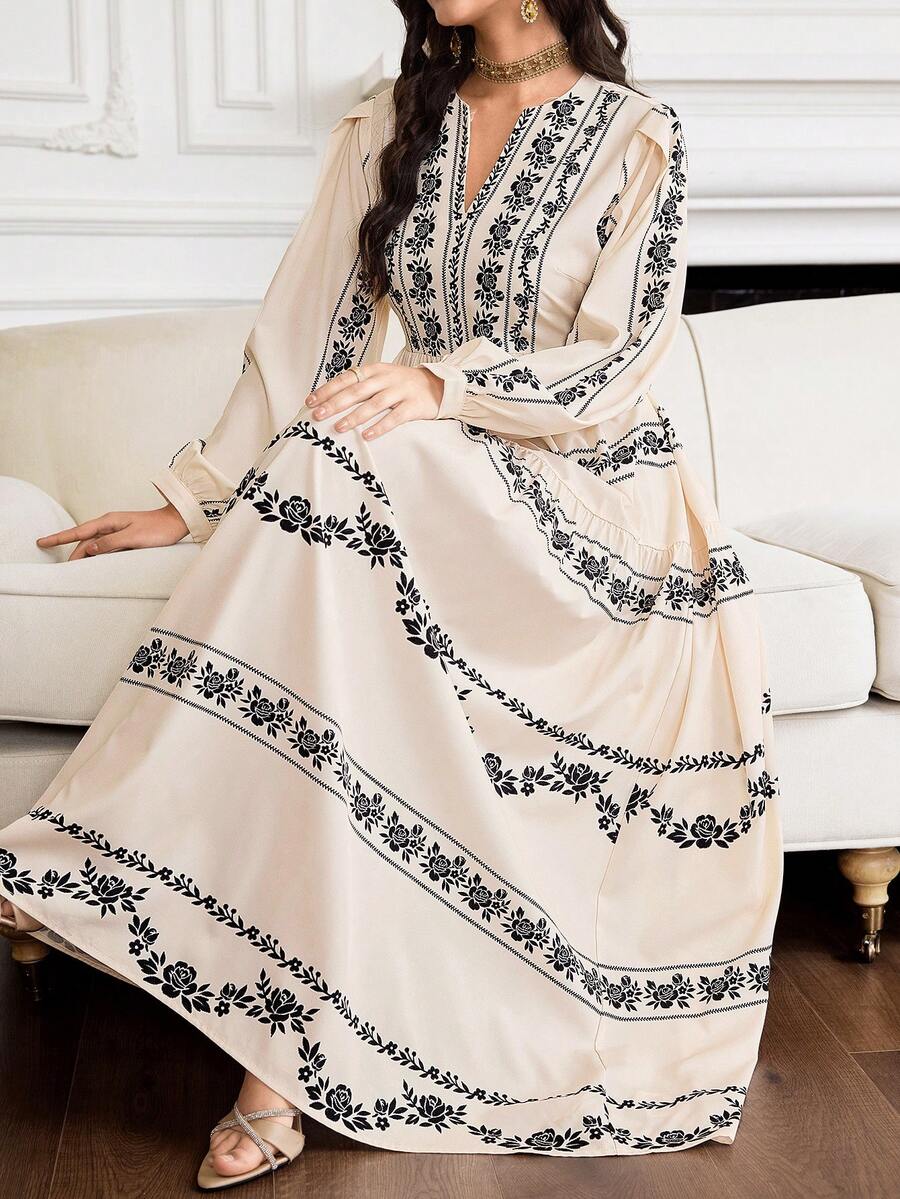 Yasmyna Modest Casual Vacation Women's Floral Print V-Neck Long Sleeve Arabic Dress - Multicolor - View 1