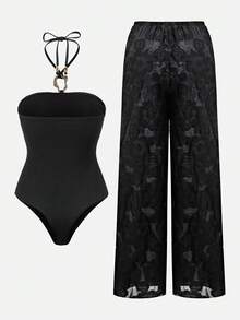 Swim Oasis Women's Beach Vacation Halter One Piece Swimsuit & Pants - Black - View 8