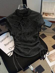 Franclia Petite Women's Floral Jacquard Button Drawstring Hem Chinese Style T-Shirt - Black - View 3
