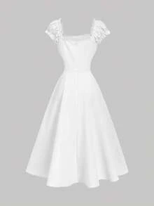 SHEIN MOD 女士优雅花卉刺绣撞色蕾丝中长连衣裙，夏季 - 白色 - 查看 2