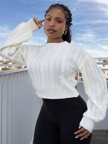 Tyla Gomez Women's Solid Color Round Neck Long Sleeve Simple Sweater, Casual For Daily Wear,Long Sleeve Tops Knit Pullover Fall Winter Outfit - White - View 5