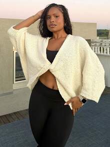 Tyla Gomez Women's Crossed Deep V-Neck Loose Elegant Minimal Sweater,Long Sleeve Tops, Fall And Winter, Casual, White, Longsleeve, Baggy,Knitted Sweater - Apricot - View 4