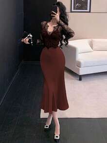 DAZY Women's Elegant Lace Patchwork Satin Slim Fit Long Dress Sundress - Red - View 5