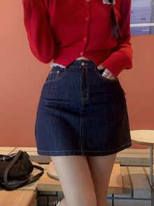 DAZY Chân váy denim ngắn nữ màu trơn, túi xéo, kiểu dáng thường ngày, đa năng. - Rửa tối - Xem 5