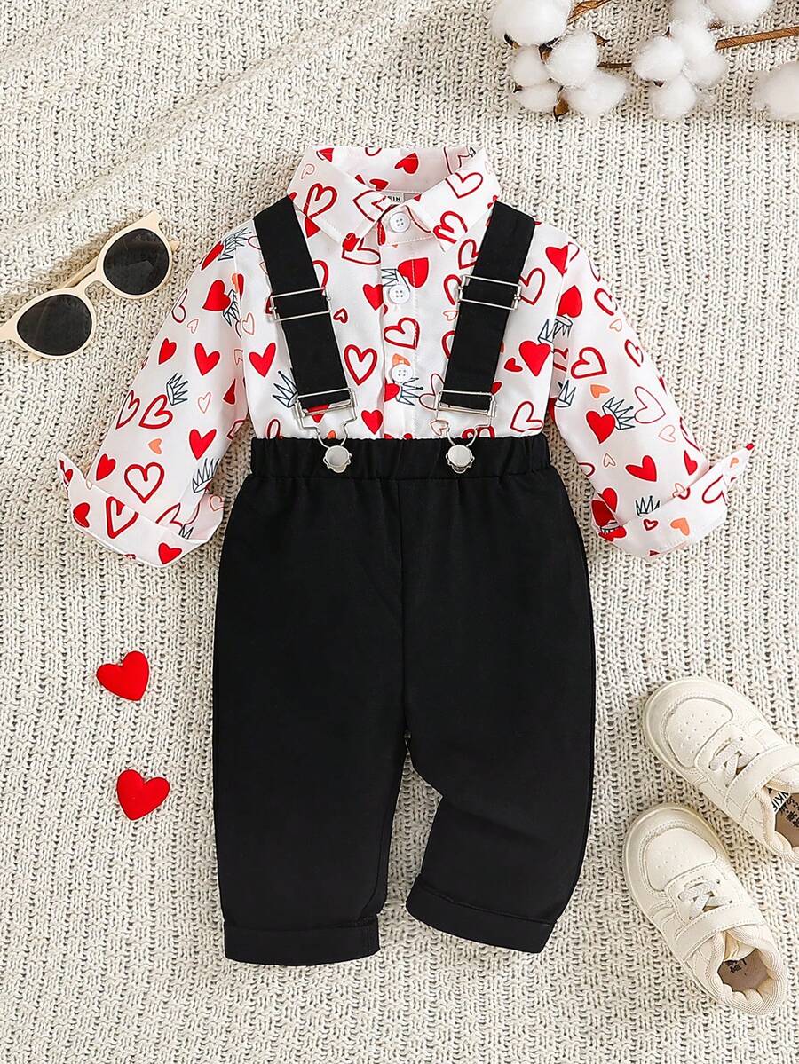 SHEIN 两件套男婴情人节皇冠爱心印花翻领衬衫+可调节背带裤套装,柔软舒适,绅士风范,适合派对、演出、日常休闲等场合,春季穿着。 - 黑色 - 查看 1