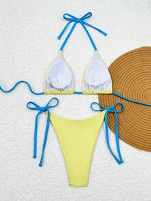 Swim Mod 2pcs/Set Printed Triangle Halter Sexy Bikini Swimwear Set For Women - Multicolor - View 3