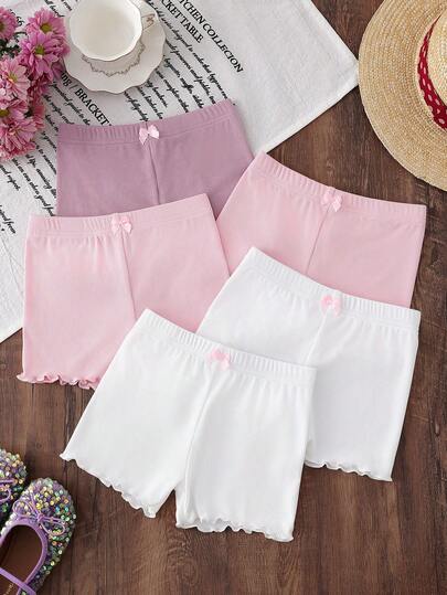 5pcs/Set Young Girl Solid Color Bow Decor Safety Shorts (Underwear)