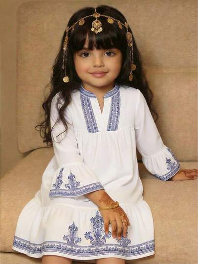 SHEIN Baby Girls' Minimalist Print Long Sleeve Dress