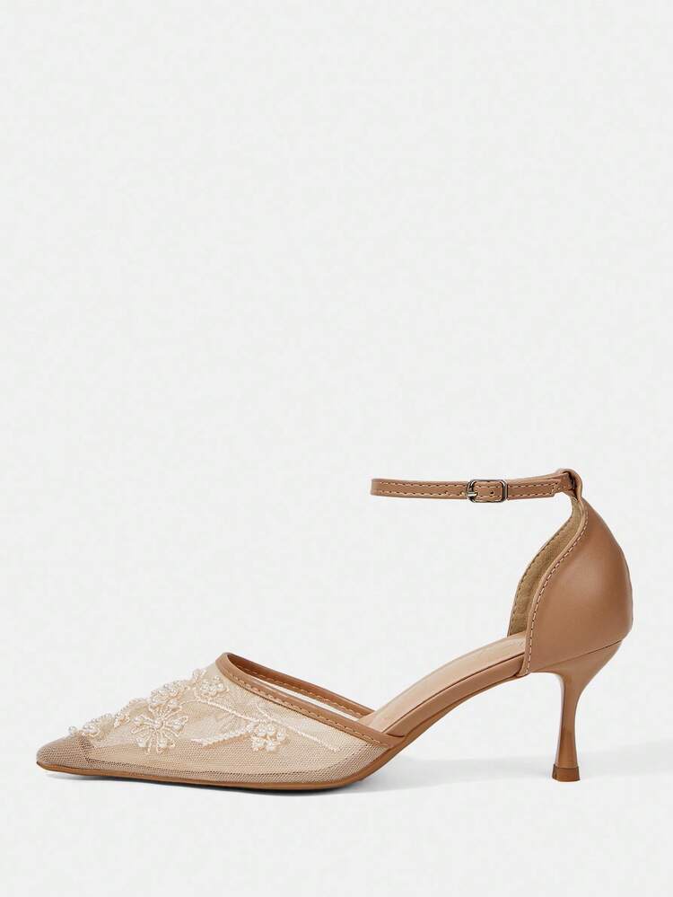 CUCCOO HITCHD Women Shoes Spring And Summer New Pearl Embroidery Pointed Toe Thin Heel Buckle 6.5cm Women's High Heel Shoes Elegant Mesh Splicing Solid Color Commuter Dating Wedding Bridesmaid Shoes