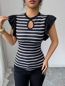 Rafferiza Women's Elegant Striped Patchwork Ruffle Trim Hollow Out Chest T-Shirt - Black - View 4