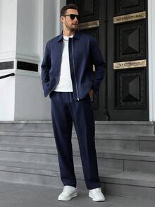 Manfinity Homme Conjunto de chaqueta con cremallera y pantalones largos con cordón en la cintura, unicolor minimalista para uso casual y de oficina para hombres, primavera/otoño - Azul Marino - Ver 3