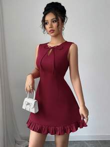 Elenzga New Arrival Women's Round Neck Bow Tie Design Open Slit Sleeveless Fitted Hem Contrast Color Pleated Elegant Versatile Commute Date Party Mini Dress - Burgundy - View 3