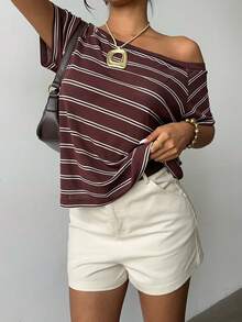 Aloruh Women's Casual Loose Asymmetrical Shoulder Brown Striped T-Shirt - Multicolor - View 4