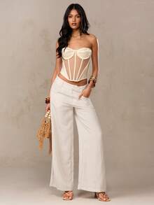 SHEIN BAE 亚麻混纺休闲阔腿裤，适合度假、海滩、法国南部、意大利、伊比沙岛等地的休闲活动，也适合通勤、休闲、早午餐等场合。这款亚麻长裤是夏季女士休闲装的理想之选，可搭配沙滩装、外出上衣、休闲衬衫、彩色条纹长裤、夏季阔腿裤、休闲裤、白色长裤等，适合女士休闲穿着，也适合商务休闲场合。 - 杏色 - 查看 3