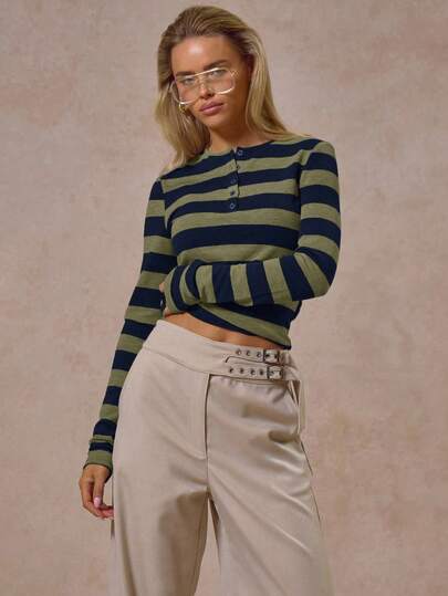 MUSERA Stripe Crew Neck Button Front Long Sleeve Fitted Top Winter Cool Streetwear Going Out Casual Everyday New Retro Spring Summer