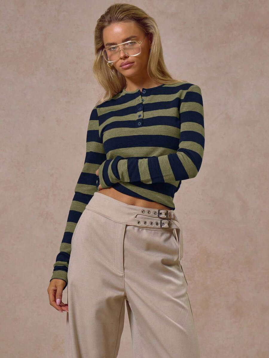 MUSERA Stripe Crew Neck Button Front Long Sleeve Fitted Top Winter Cool Streetwear Going Out Casual Everyday New Retro Spring Summer - Blue - View 1