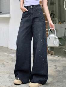 DAZY Quần jeans nữ ống rộng, túi xéo, kiểu dáng thường ngày, chất liệu denim mài, thích hợp mặc hàng ngày. - Xanh đậm - Xem 3