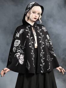 ROMWE Women's Dark Gothic Mysterious Plant Witch Heart Hooded Cloak - Black - View 5