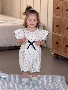 DAZY Infant/Toddler Girls' Round Neck Ruffle Trim All-Over Print Bow Jumpsuit, Korean Style - White - View 6