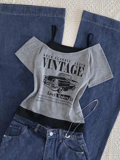 SHEIN Girls' Casual 2 In 1 Streetwear T-Shirt, This T-Shirt Features Letter Slogan And Car Graphic Prints, With Cold Shoulder Short Sleeve Design, Suitable For Summer Leisure Activities, Shopping, And Photo Shoots.