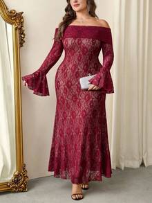 Firerie Plus Size Elegant Wedding Nude Contrast Lining Off Shoulder Lace Dress,Women's Autumn Casual Vacation Party High-Low Hem Ruffle Sleeve Long Dress - Burgundy - View 2