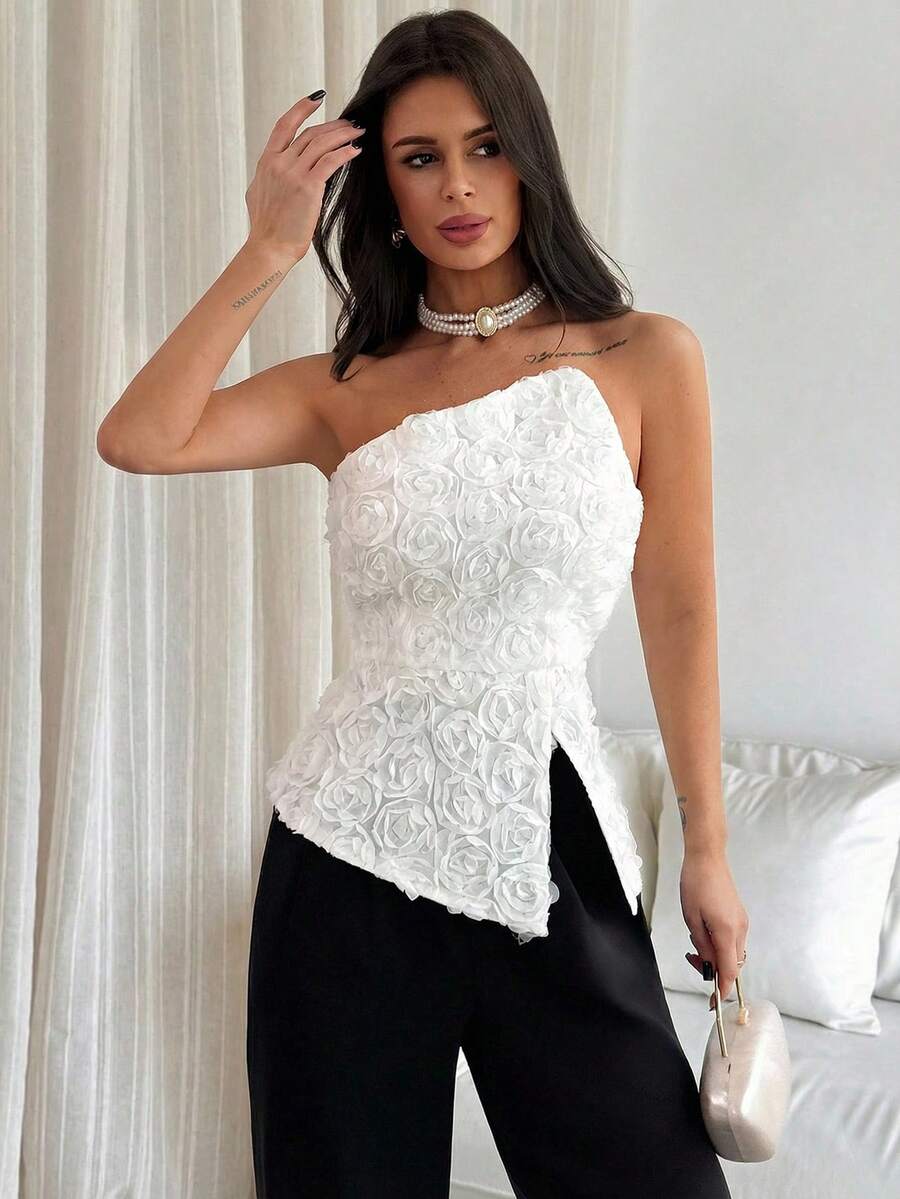 Firerie Women's Elegant & Refined Romantic Atmosphere Valentine's Day Date Party Wedding Guest Asymmetrical Hem Rose Texture Fabric Fitted X-Shape White Bandeau Top - White - View 1