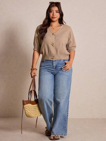 Elaquor 大码优雅法式休闲通勤百搭金属纽扣海星春夏针织网眼开衫毛衣上衣