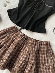 Attitoon Women's Plaid Pattern Ruffle Hem Elastic Waist Cute A-Line Skirt - Coffee Brown - View 3