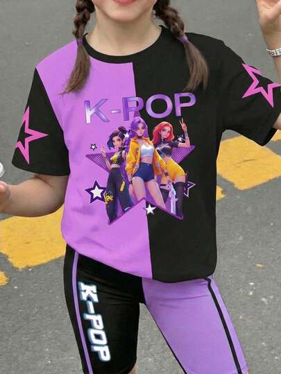 SHEIN 2pcs/Set Girls' Casual Short Sleeve Top And Shorts Set, Suitable For Summer Spring/Summer Casual Wear Perfect For Outings, Street Style & Hip-Hop Vibes Effortlessly Comfortable Fashionable Girls' Casual Wear New Arrivals Back-To-School Season