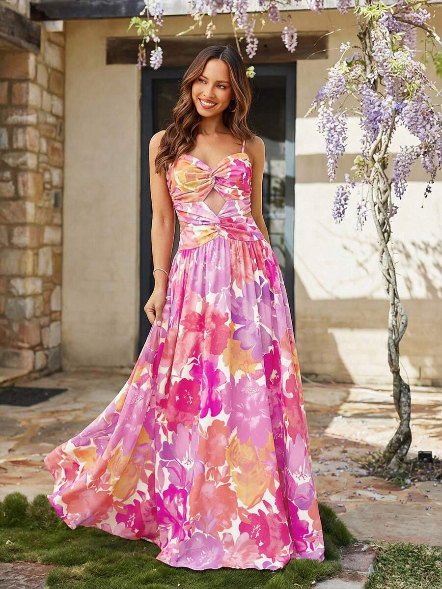 KARISMINA 印花扭结镂空开衩吊带长裙，情人节连衣裙，女士度假装 - 粉色 - 查看 1