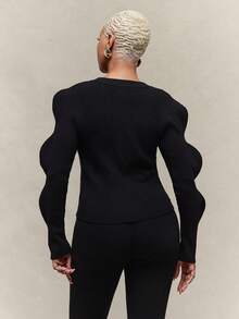 Vixey Wavy Shaped Sleeve Large Gold Button Split Hem Knit Cardigan - Black - View 2