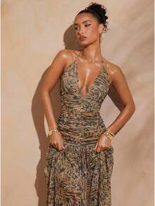 Hauture Sexy Summer Vacation Abstract Printed Deep Plunge Ruched Halter Open Back Maxi Dress - Multicolor - View 2