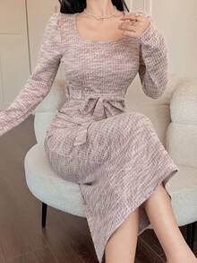 DAZY Damen elegantes Midikleid mit Puffärmeln und Gürtel, Herbst/Winter - Pink - Übersicht 8