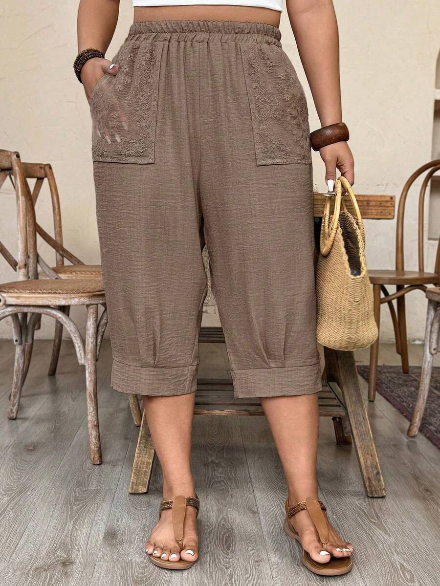 Weeklong Plus Size Casual Vacation Lace Pocket Decor Capri Pants, Comfortable & Slimming Baggy - Mocha Brown - View 1