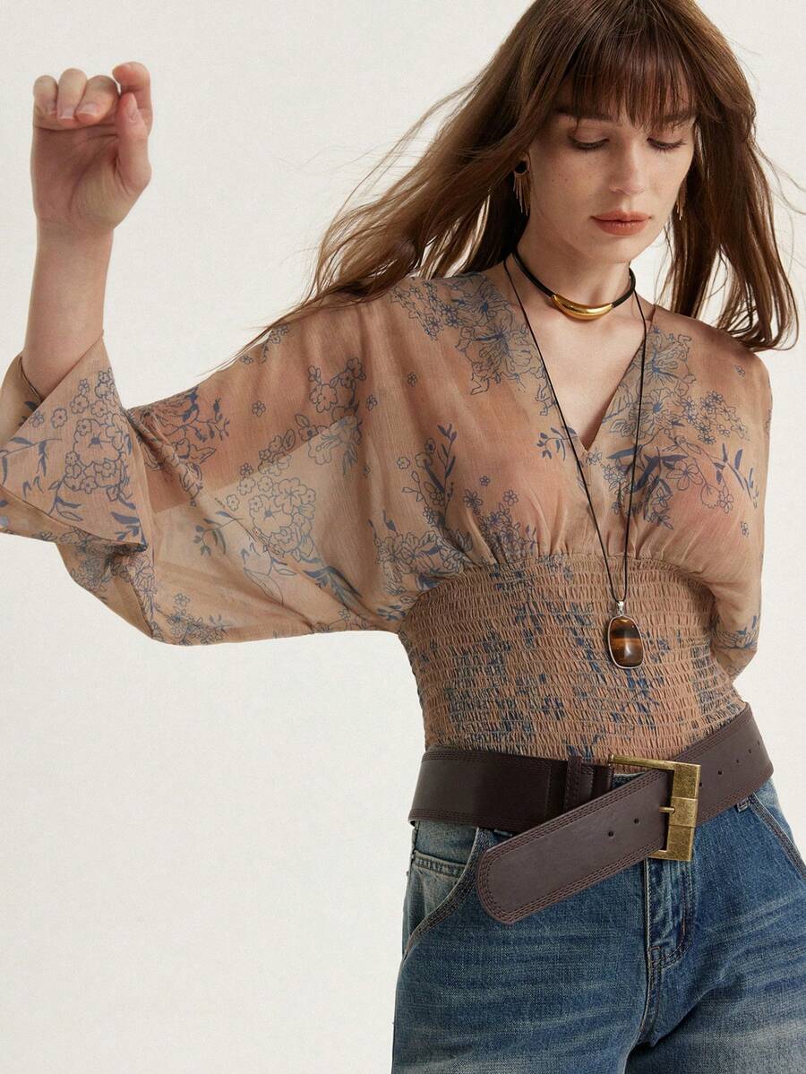 Aveloria Modichic V领中国风蝙蝠袖上衣，收腰设计，优雅精致 - 彩色 - 查看 1