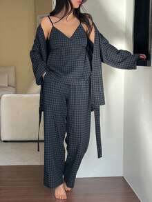 DAZY 3件套格子睡袍、吊带背心和裤子女士睡衣套装 - 藏蓝色 - 查看 4