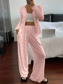 DAZY 2pcs Polka Dot Print Cardigan Long Sleeve & Straight Leg Pants Women Pajama Set, Spring - Pink - View 4