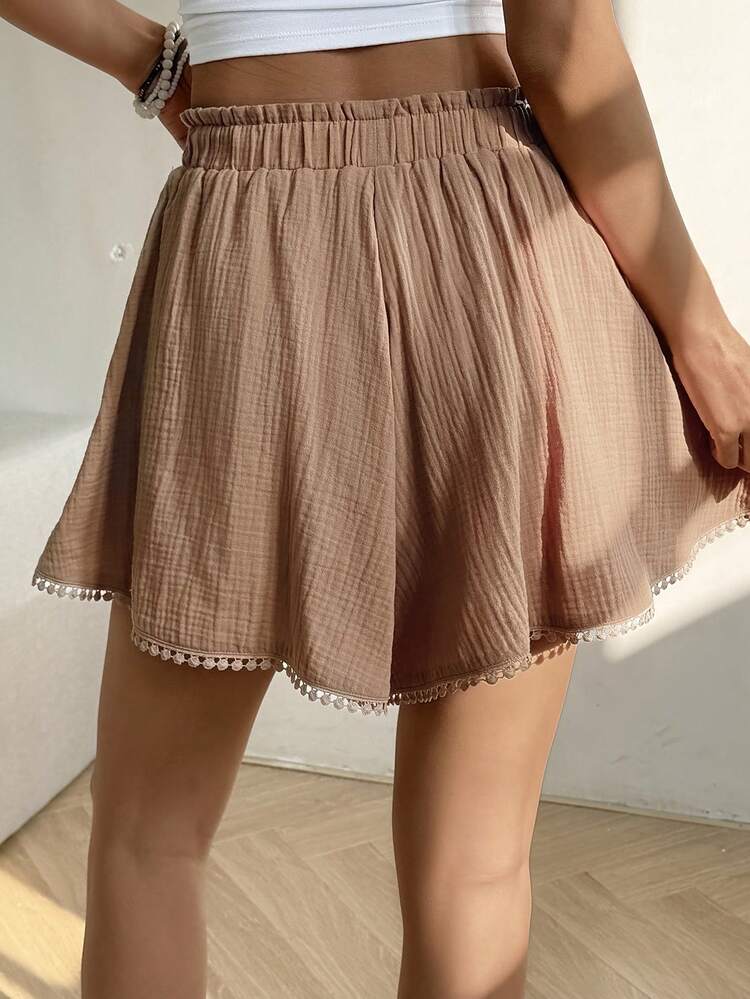 Women's Lace Patchwork Elastic Waist Casual Shorts, Suitable For Spring/Summer Holiday